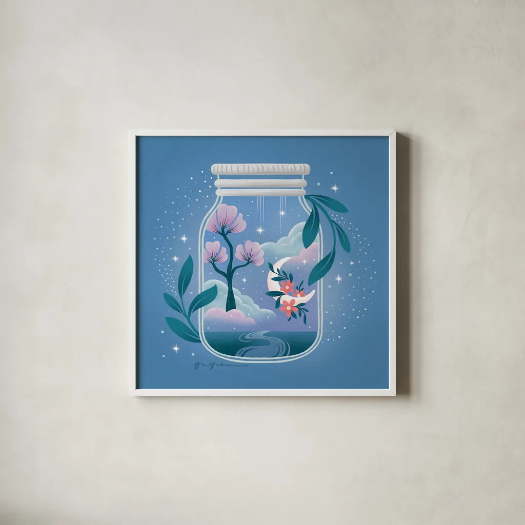 Celestial Dreams II by Gia Graham. Shown in a crisp white glass frame for a clean and minimalist style. Available as an archival giclee rolled canvas, fine art paper, or poster print. SKU 92930a.