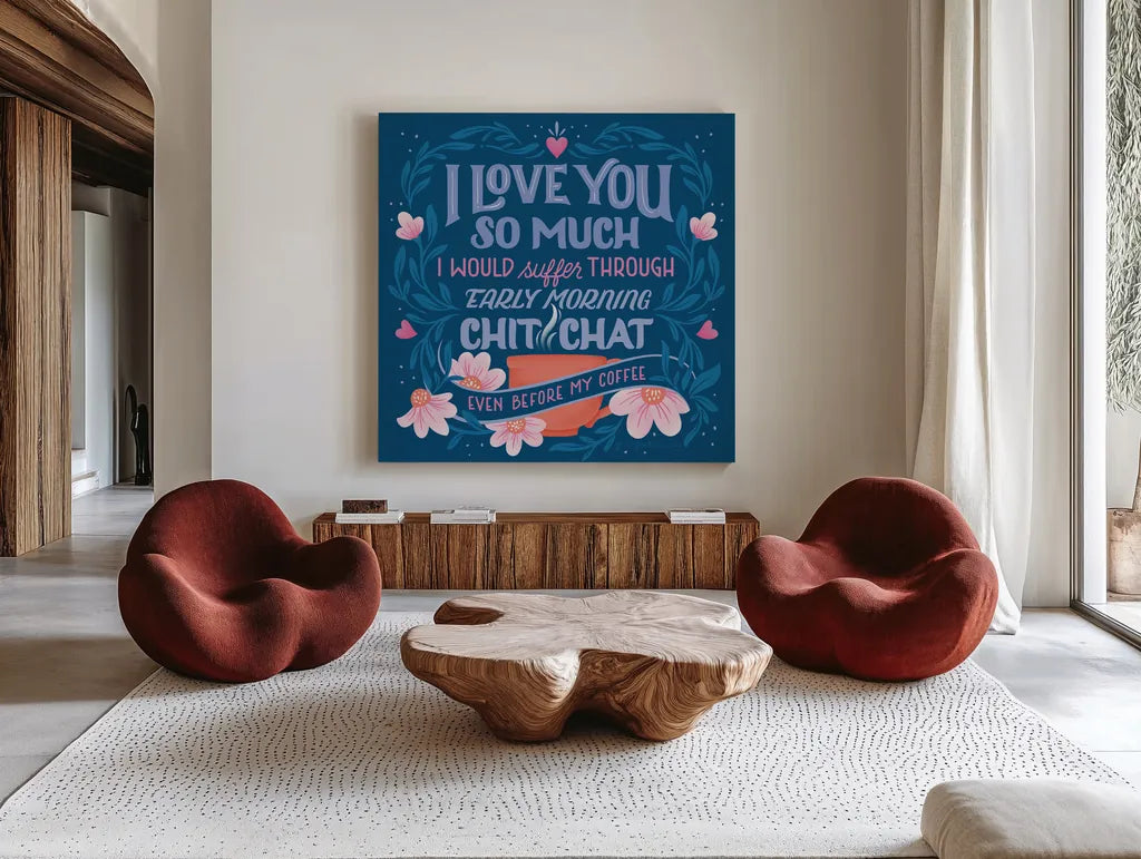 Coffee Chit Chat by Gia Graham. Shown as extra-large giant wall art in a modern living room. Available as an archival giclee rolled canvas, fine art paper, or poster print. SKU 87435a.