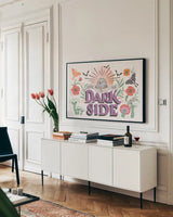 Dark Side I by Gia Graham. shown as a framed stretched canvas in a living room above a console. Available as a archival giclee rolled canvas, fine art paper, or poster print. SKU 81625i.