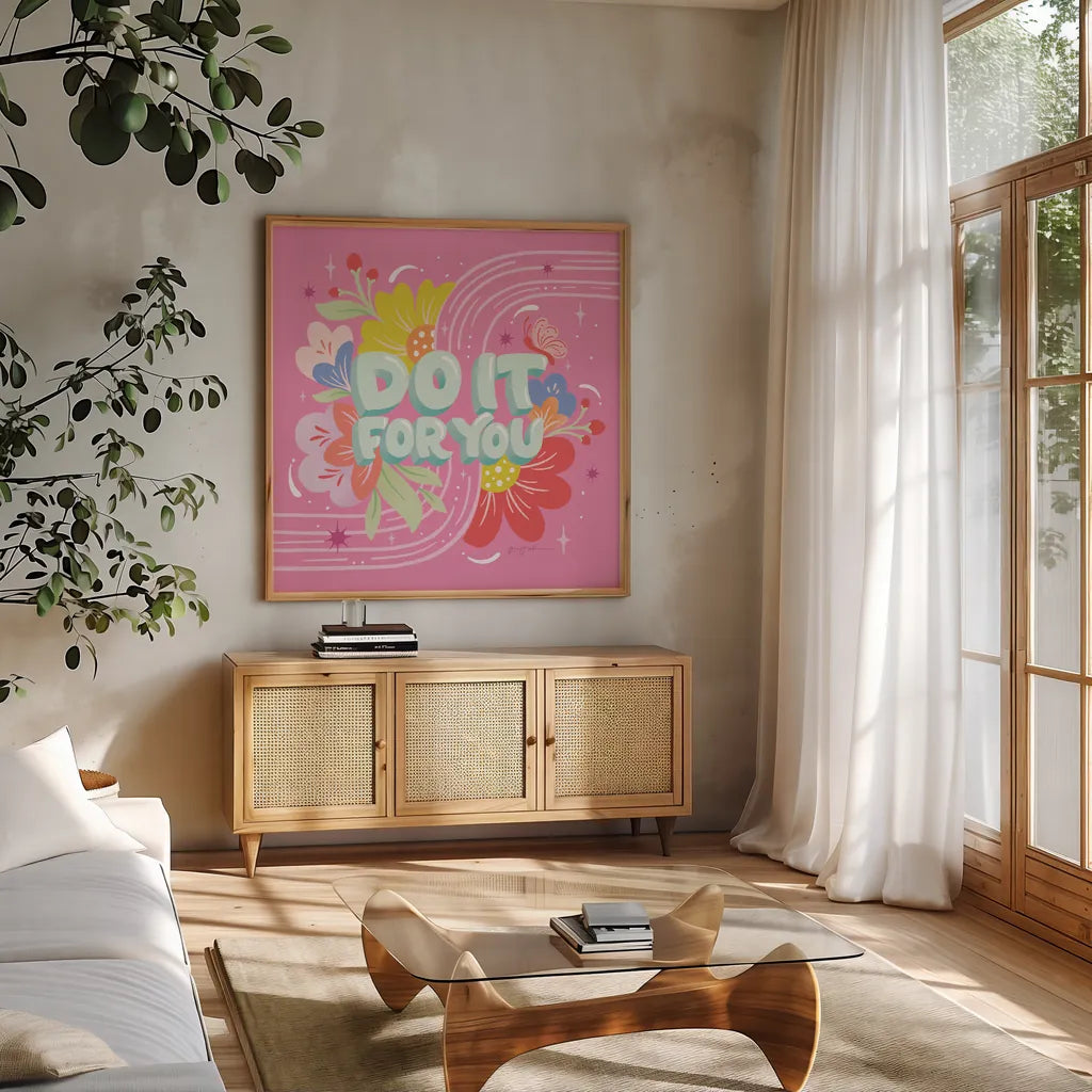 Do It For You I Sq by Gia Graham. Shown in a natural wood frame in a cozy modern living room. Available as an archival giclee rolled canvas, fine art paper, or poster print. SKU 75084a.