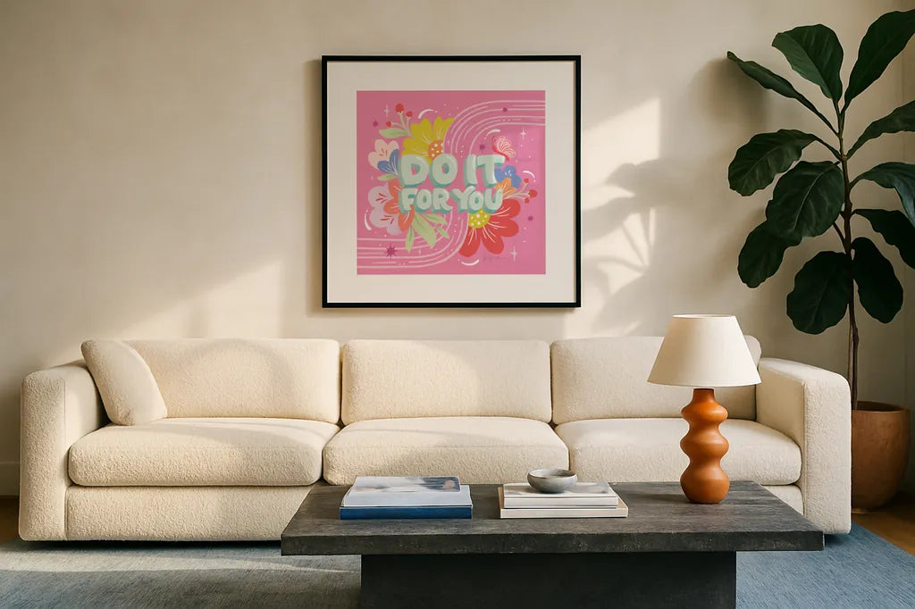 Do It For You I Sq by Gia Graham. Displayed in a glass frame with matte in a clean modern living room. Available as an archival giclee rolled canvas, fine art paper, or poster print. SKU 75084a.