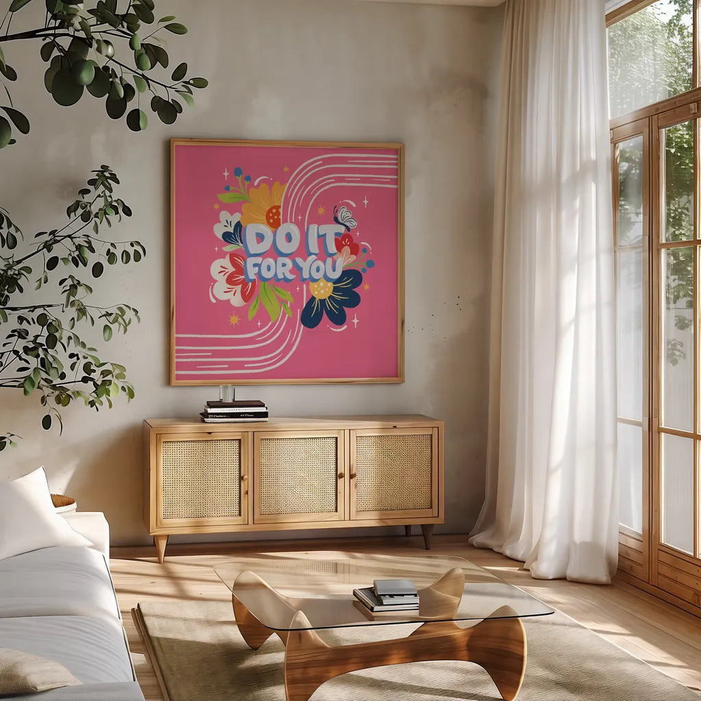 Do it For You I Bright Sq by Gia Graham. Shown in a natural wood frame in a cozy modern living room. Available as an archival giclee rolled canvas, fine art paper, or poster print. SKU 79547a.