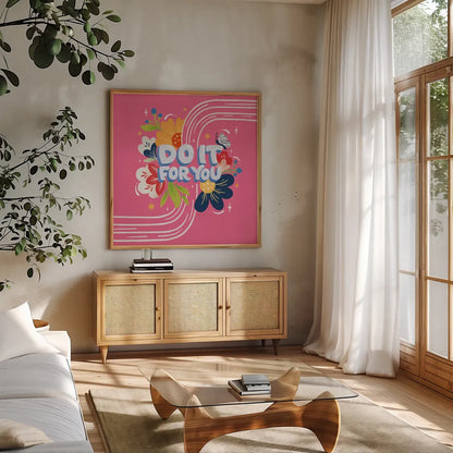 Do it For You I Bright Sq by Gia Graham. Shown in a natural wood frame in a cozy modern living room. Available as an archival giclee rolled canvas, fine art paper, or poster print. SKU 79547a.