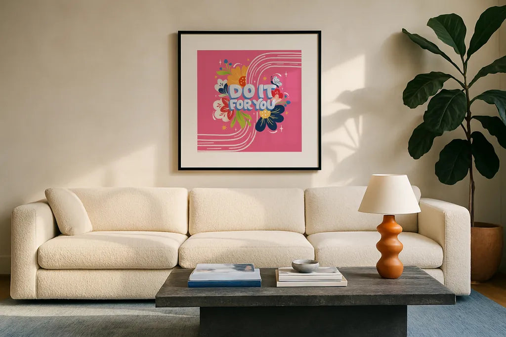 Do it For You I Bright Sq by Gia Graham. Displayed in a glass frame with matte in a clean modern living room. Available as an archival giclee rolled canvas, fine art paper, or poster print. SKU 79547a.
