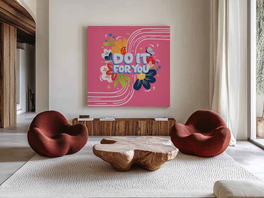 Do it For You I Bright Sq by Gia Graham. Shown as extra-large giant wall art in a modern living room. Available as an archival giclee rolled canvas, fine art paper, or poster print. SKU 79547a.