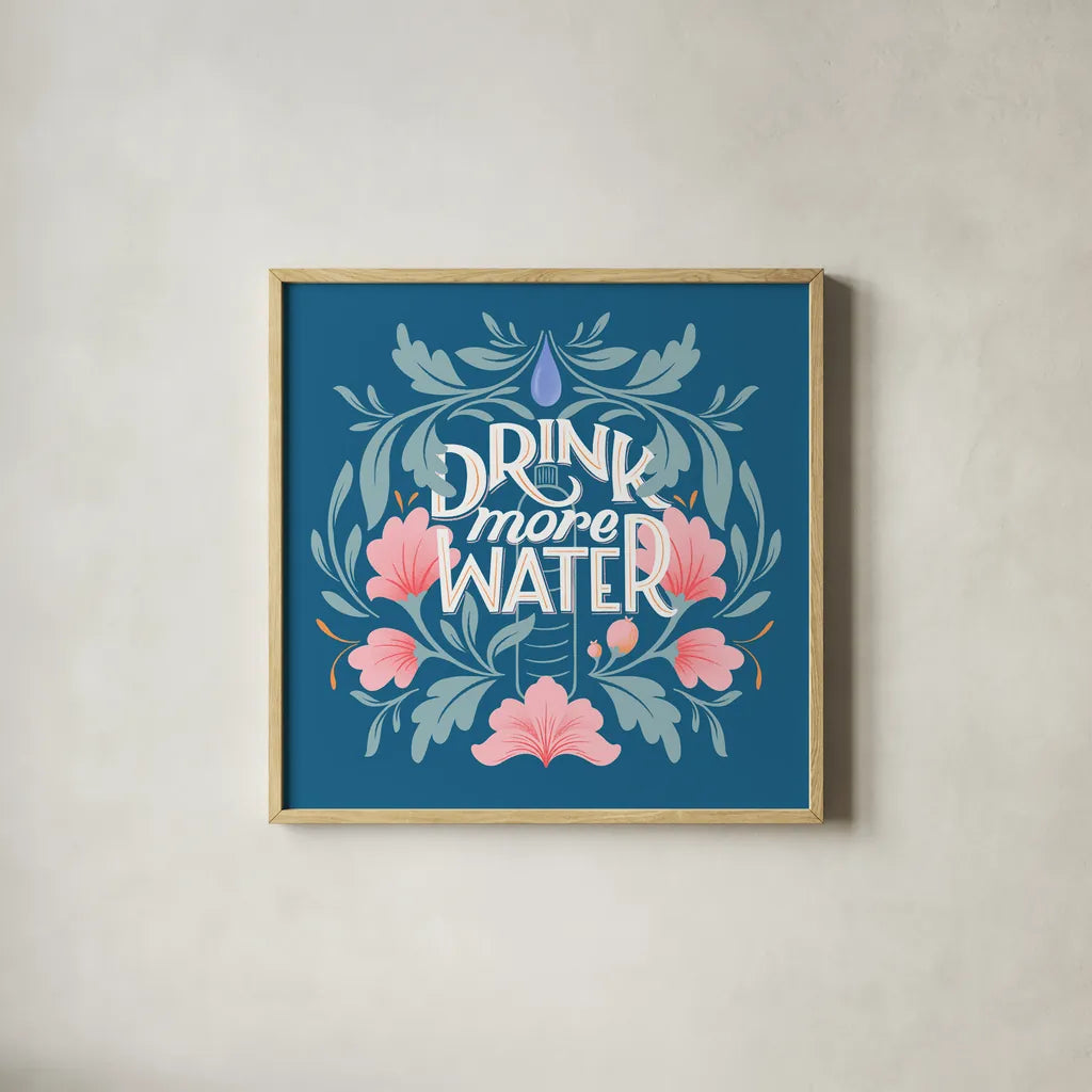 Drink More Water I by Gia Graham. Shown in a natural wood glass frame for a timeless modern aesthetic. Available as an archival giclee rolled canvas, fine art paper, or poster print. SKU 75355a.