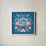 Drink More Water I by Gia Graham. Shown in a crisp white glass frame for a clean and minimalist style. Available as an archival giclee rolled canvas, fine art paper, or poster print. SKU 75355a.