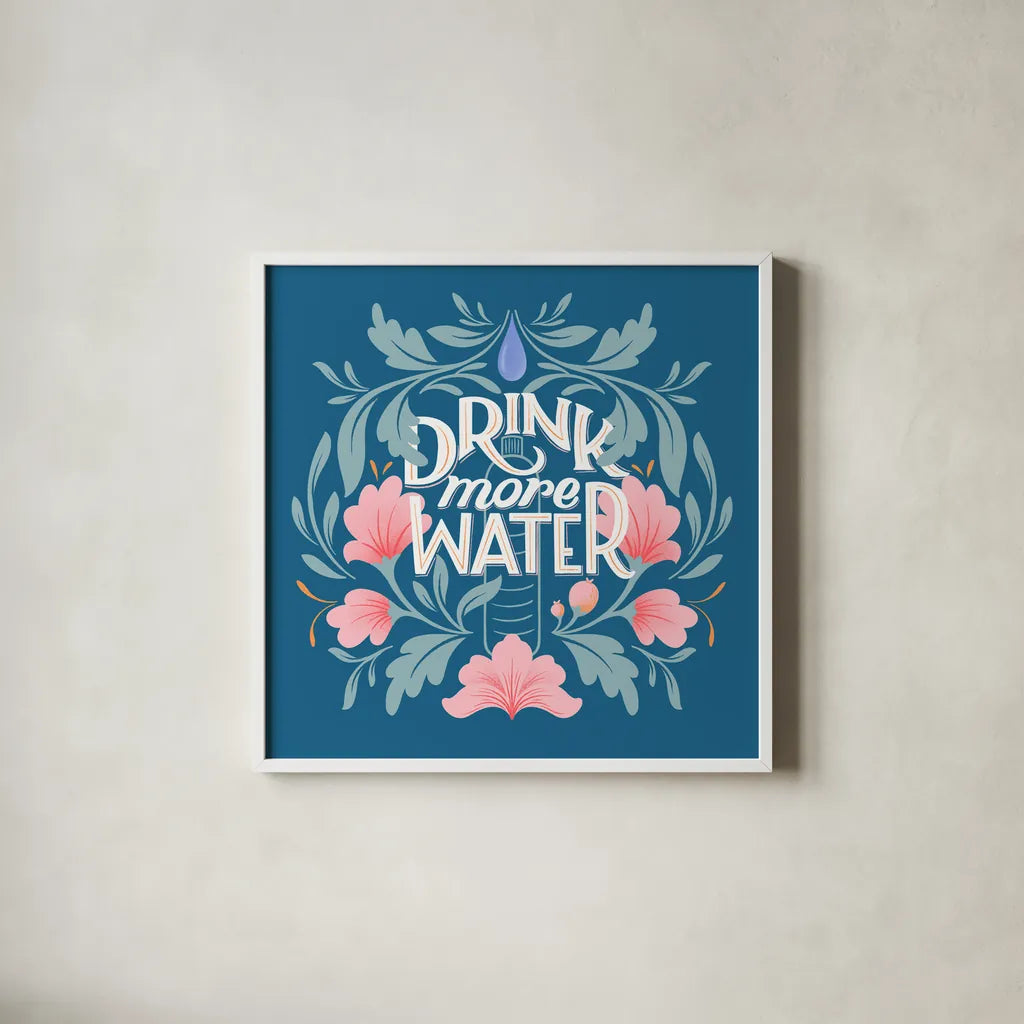 Drink More Water I by Gia Graham. Shown in a crisp white glass frame for a clean and minimalist style. Available as an archival giclee rolled canvas, fine art paper, or poster print. SKU 75355a.