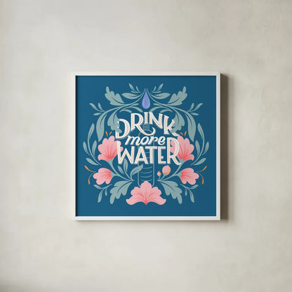 Drink More Water I by Gia Graham. Shown in a crisp white glass frame for a clean and minimalist style. Available as an archival giclee rolled canvas, fine art paper, or poster print. SKU 75355a.