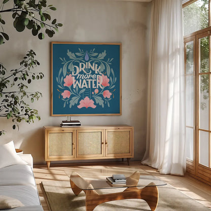 Drink More Water I by Gia Graham. Shown in a natural wood frame in a cozy modern living room. Available as an archival giclee rolled canvas, fine art paper, or poster print. SKU 75355a.