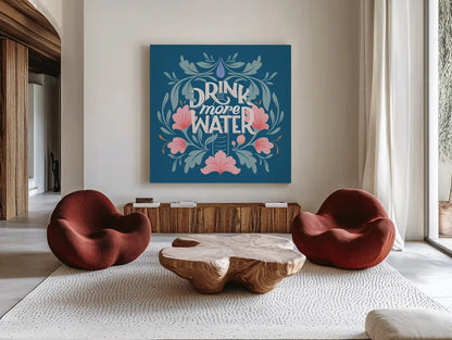 Drink More Water I by Gia Graham. Shown as extra-large giant wall art in a modern living room. Available as an archival giclee rolled canvas, fine art paper, or poster print. SKU 75355a.