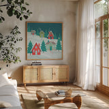 Falala IV by Gia Graham. Shown in a natural wood frame in a cozy modern living room. Available as an archival giclee rolled canvas, fine art paper, or poster print. SKU 79024a.