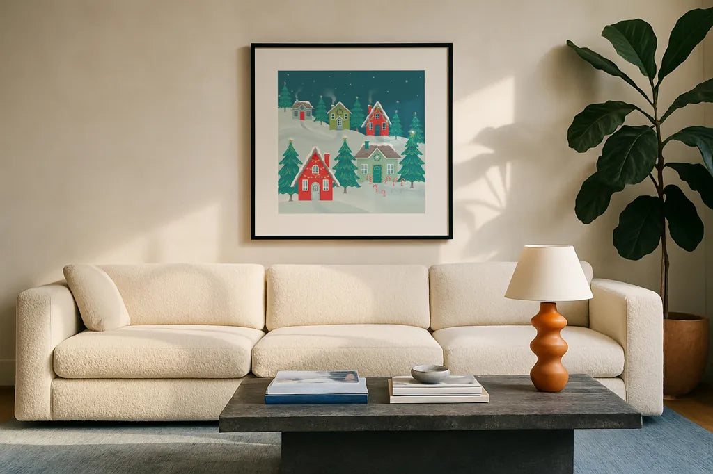Falala IV by Gia Graham. Displayed in a glass frame with matte in a clean modern living room. Available as an archival giclee rolled canvas, fine art paper, or poster print. SKU 79024a.