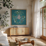Falala VI by Gia Graham. Shown in a natural wood frame in a cozy modern living room. Available as an archival giclee rolled canvas, fine art paper, or poster print. SKU 79026a.