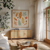 Fall Magic II by Gia Graham. Shown in a natural wood frame in a cozy modern living room. Available as an archival giclee rolled canvas, fine art paper, or poster print. SKU 93624a.