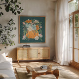 Fall Magic III by Gia Graham. Shown in a natural wood frame in a cozy modern living room. Available as an archival giclee rolled canvas, fine art paper, or poster print. SKU 93625a.