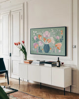 Fantastic Fungi I by Gia Graham. shown as a framed stretched canvas in a living room above a console. Available as a archival giclee rolled canvas, fine art paper, or poster print. SKU 83681i.