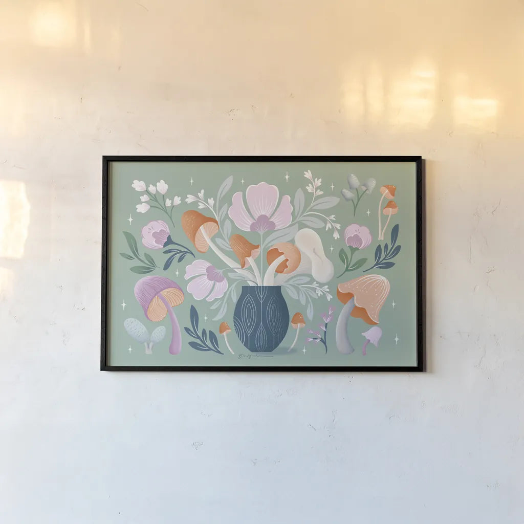 Fantastic Fungi I by Gia Graham. shown as a paper print in a black flame. Available as a archival giclee rolled canvas, fine art paper, or poster print. SKU 83681i.