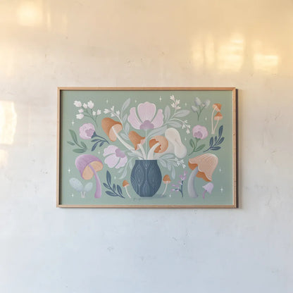 Fantastic Fungi I by Gia Graham. shown as a paper print in a natural frame. Available as a archival giclee rolled canvas, fine art paper, or poster print. SKU 83681i.