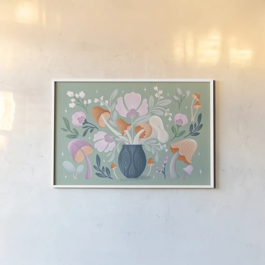 Fantastic Fungi I by Gia Graham. shown as a paper print in a white frame. Available as a archival giclee rolled canvas, fine art paper, or poster print. SKU 83681i.