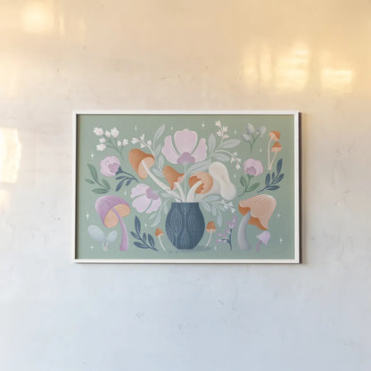 Fantastic Fungi I by Gia Graham. shown as a paper print in a white frame. Available as a archival giclee rolled canvas, fine art paper, or poster print. SKU 83681i.