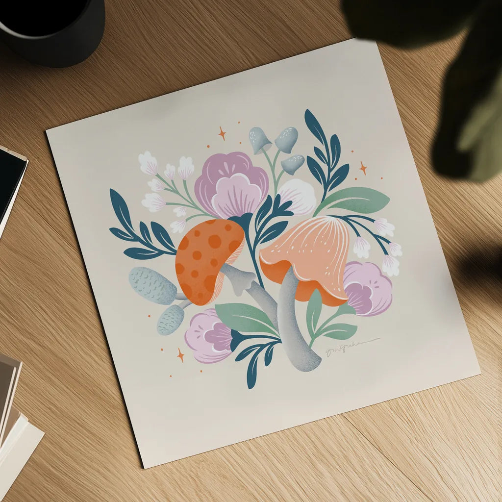 Fantastic Fungi II by Gia Graham. Shown as a detailed flat fine art print, highlighting archival giclee quality. Available as an archival giclee rolled canvas, fine art paper, or poster print. SKU 83682a.