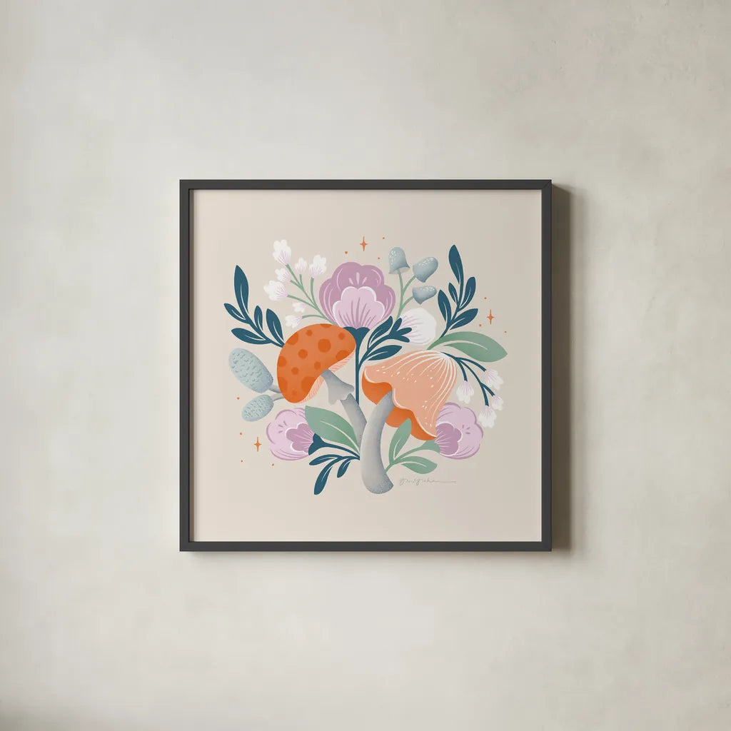 Fantastic Fungi II by Gia Graham. Shown in a sleek black glass frame for a contemporary gallery look. Available as an archival giclee rolled canvas, fine art paper, or poster print. SKU 83682a.