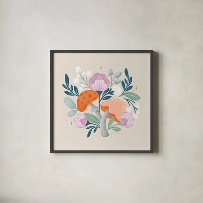 Fantastic Fungi II by Gia Graham. Shown in a sleek black glass frame for a contemporary gallery look. Available as an archival giclee rolled canvas, fine art paper, or poster print. SKU 83682a.