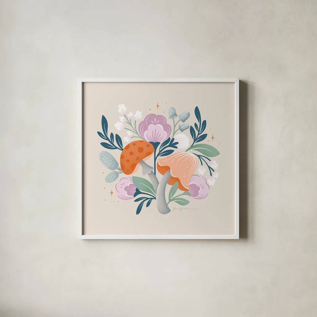 Fantastic Fungi II by Gia Graham. Shown in a crisp white glass frame for a clean and minimalist style. Available as an archival giclee rolled canvas, fine art paper, or poster print. SKU 83682a.