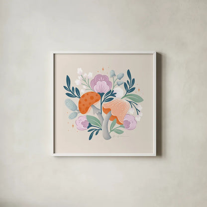 Fantastic Fungi II by Gia Graham. Shown in a crisp white glass frame for a clean and minimalist style. Available as an archival giclee rolled canvas, fine art paper, or poster print. SKU 83682a.