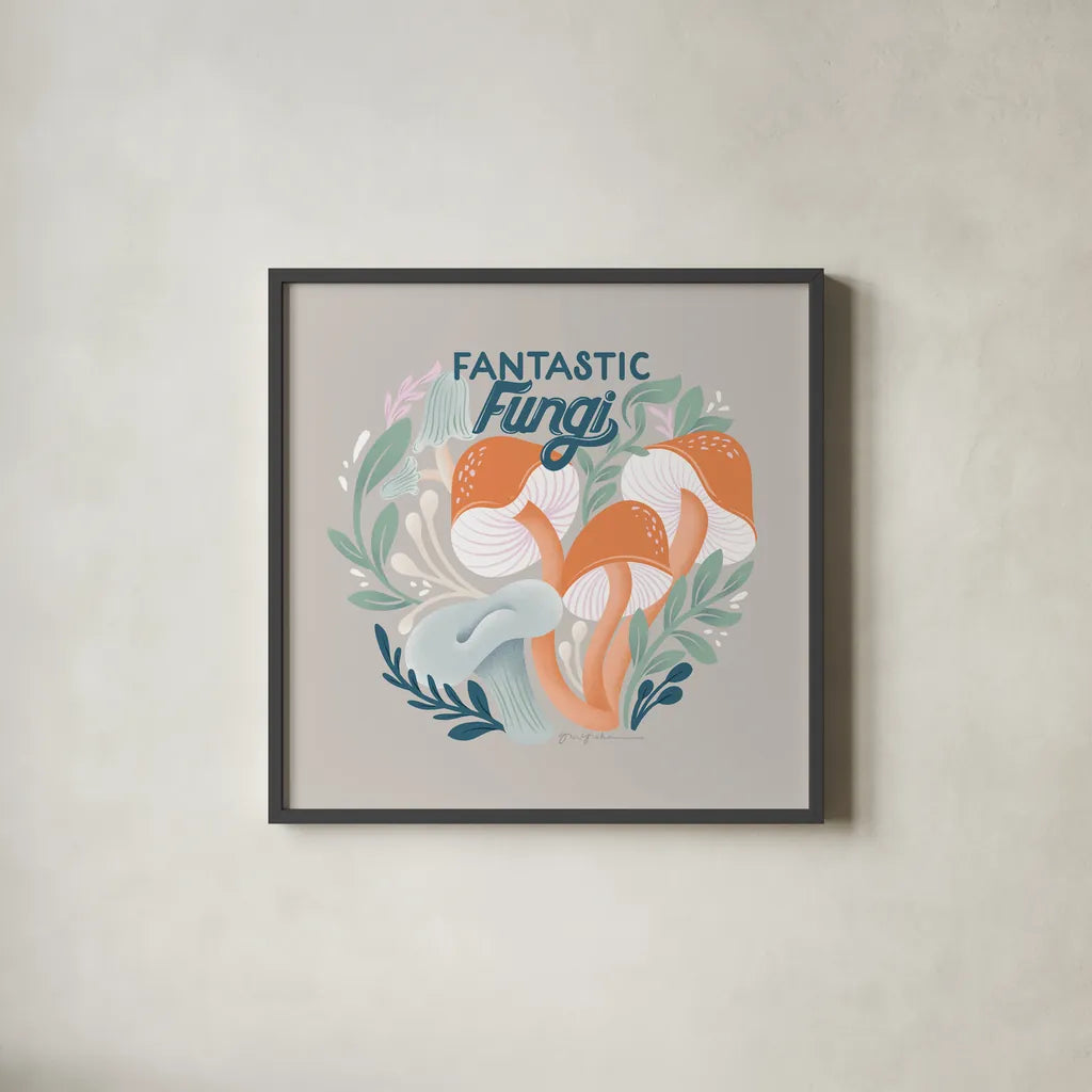 Fantastic Fungi III by Gia Graham. Shown in a sleek black glass frame for a contemporary gallery look. Available as an archival giclee rolled canvas, fine art paper, or poster print. SKU 83683a.