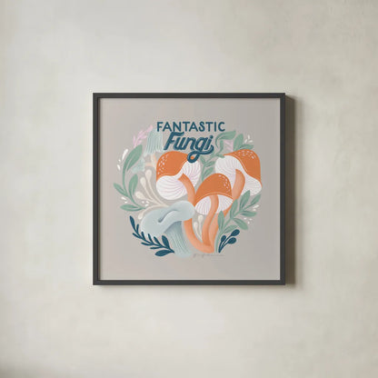 Fantastic Fungi III by Gia Graham. Shown in a sleek black glass frame for a contemporary gallery look. Available as an archival giclee rolled canvas, fine art paper, or poster print. SKU 83683a.