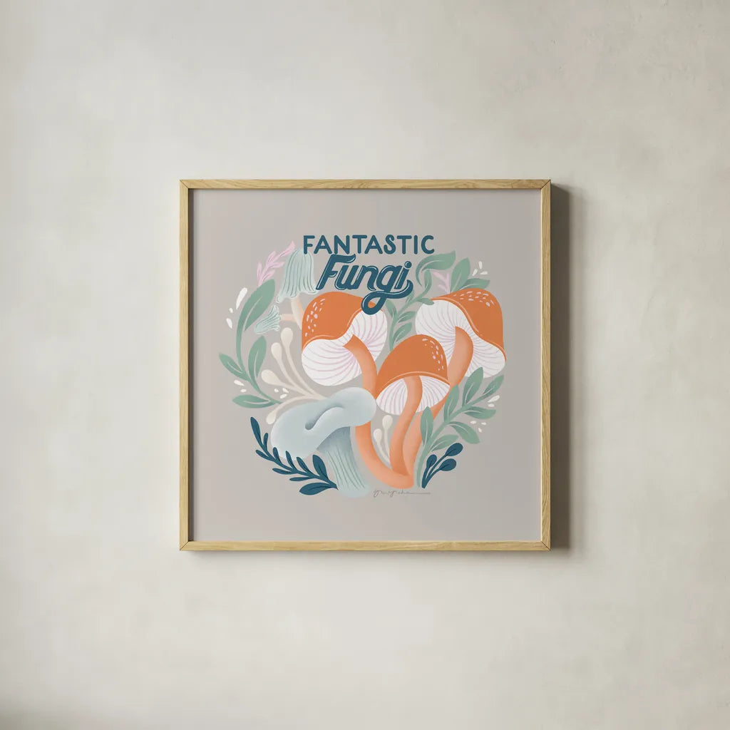 Fantastic Fungi III by Gia Graham. Shown in a natural wood glass frame for a timeless modern aesthetic. Available as an archival giclee rolled canvas, fine art paper, or poster print. SKU 83683a.