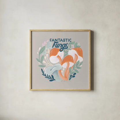 Fantastic Fungi III by Gia Graham. Shown in a natural wood glass frame for a timeless modern aesthetic. Available as an archival giclee rolled canvas, fine art paper, or poster print. SKU 83683a.