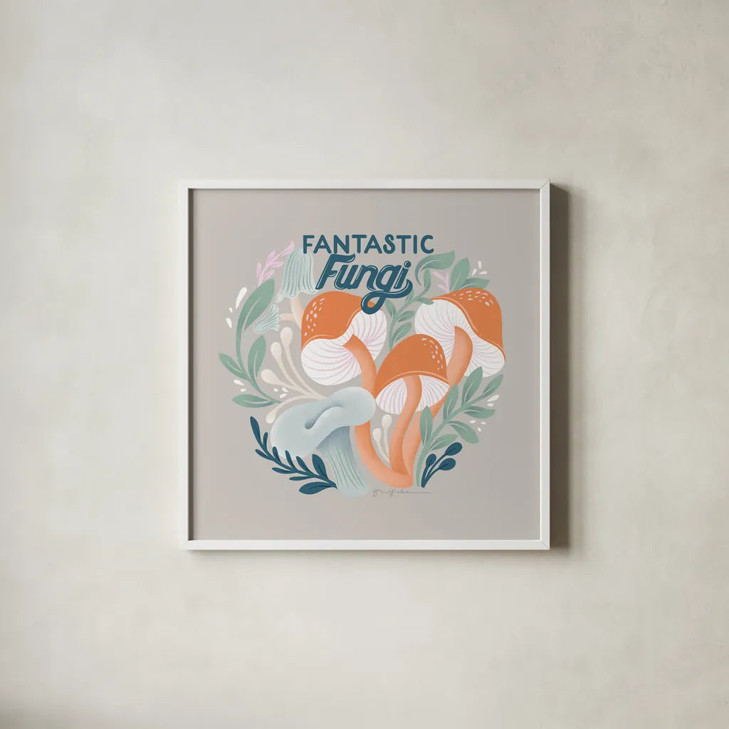 Fantastic Fungi III by Gia Graham. Shown in a crisp white glass frame for a clean and minimalist style. Available as an archival giclee rolled canvas, fine art paper, or poster print. SKU 83683a.