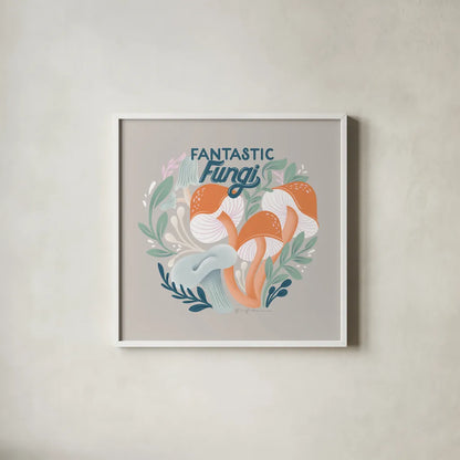 Fantastic Fungi III by Gia Graham. Shown in a crisp white glass frame for a clean and minimalist style. Available as an archival giclee rolled canvas, fine art paper, or poster print. SKU 83683a.