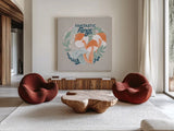 Fantastic Fungi III by Gia Graham. Shown as extra-large giant wall art in a modern living room. Available as an archival giclee rolled canvas, fine art paper, or poster print. SKU 83683a.
