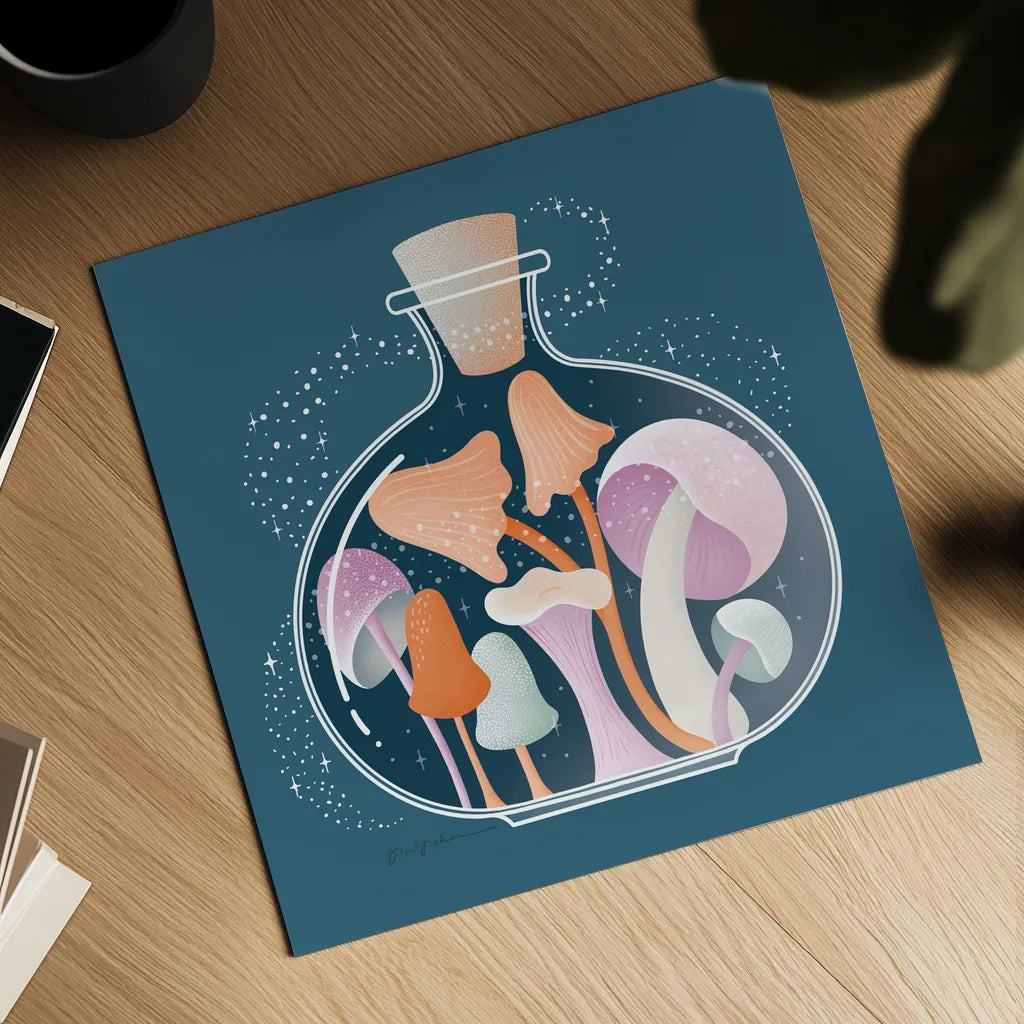 Fantastic Fungi IV by Gia Graham. Shown as a detailed flat fine art print, highlighting archival giclee quality. Available as an archival giclee rolled canvas, fine art paper, or poster print. SKU 83684a.