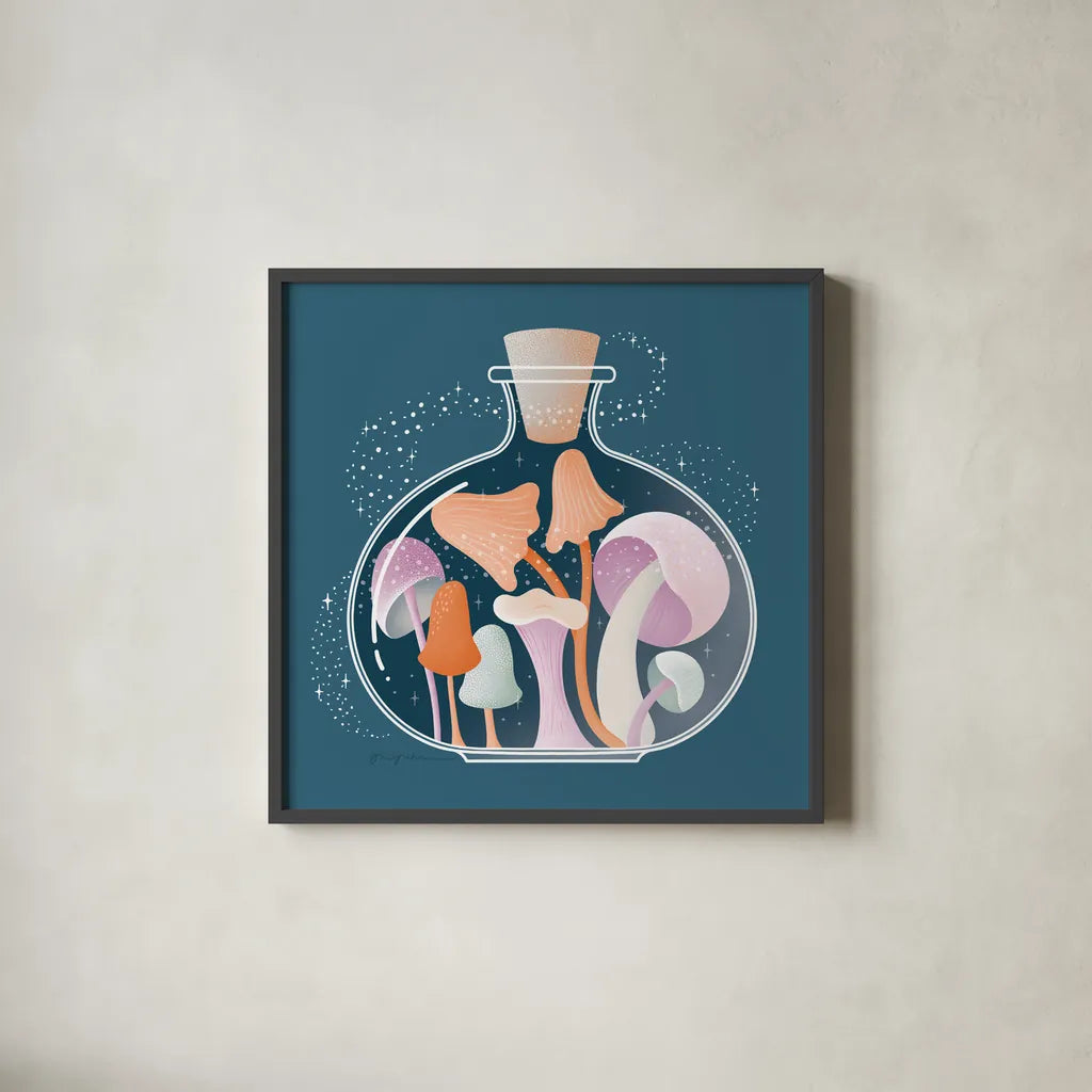 Fantastic Fungi IV by Gia Graham. Shown in a sleek black glass frame for a contemporary gallery look. Available as an archival giclee rolled canvas, fine art paper, or poster print. SKU 83684a.