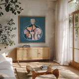 Fantastic Fungi IV by Gia Graham. Shown in a natural wood frame in a cozy modern living room. Available as an archival giclee rolled canvas, fine art paper, or poster print. SKU 83684a.