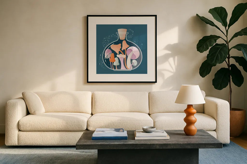Fantastic Fungi IV by Gia Graham. Displayed in a glass frame with matte in a clean modern living room. Available as an archival giclee rolled canvas, fine art paper, or poster print. SKU 83684a.