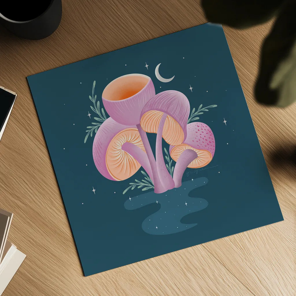 Fantastic Fungi V by Gia Graham. Shown as a detailed flat fine art print, highlighting archival giclee quality. Available as an archival giclee rolled canvas, fine art paper, or poster print. SKU 83685a.