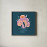 Fantastic Fungi V by Gia Graham. Shown in a sleek black glass frame for a contemporary gallery look. Available as an archival giclee rolled canvas, fine art paper, or poster print. SKU 83685a.