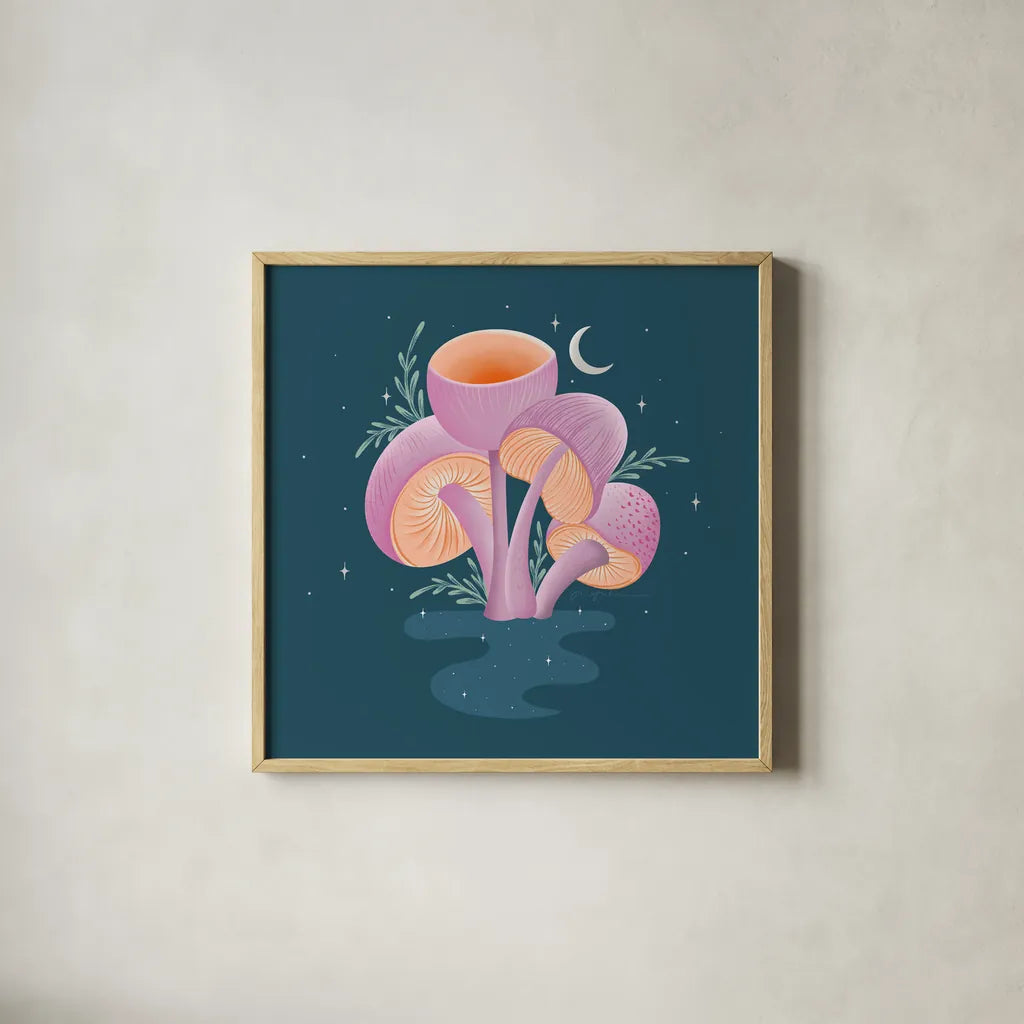 Fantastic Fungi V by Gia Graham. Shown in a natural wood glass frame for a timeless modern aesthetic. Available as an archival giclee rolled canvas, fine art paper, or poster print. SKU 83685a.