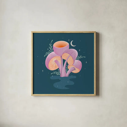 Fantastic Fungi V by Gia Graham. Shown in a natural wood glass frame for a timeless modern aesthetic. Available as an archival giclee rolled canvas, fine art paper, or poster print. SKU 83685a.