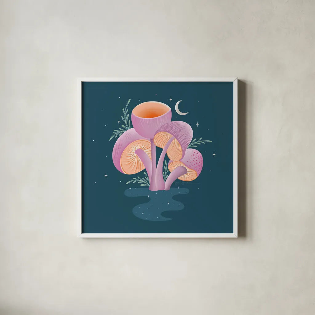 Fantastic Fungi V by Gia Graham. Shown in a crisp white glass frame for a clean and minimalist style. Available as an archival giclee rolled canvas, fine art paper, or poster print. SKU 83685a.