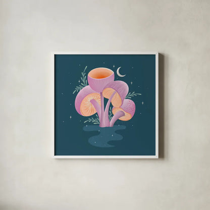 Fantastic Fungi V by Gia Graham. Shown in a crisp white glass frame for a clean and minimalist style. Available as an archival giclee rolled canvas, fine art paper, or poster print. SKU 83685a.