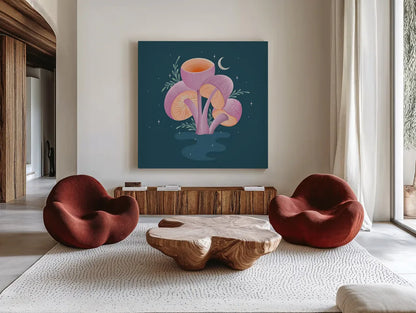 Fantastic Fungi V by Gia Graham. Shown as extra-large giant wall art in a modern living room. Available as an archival giclee rolled canvas, fine art paper, or poster print. SKU 83685a.