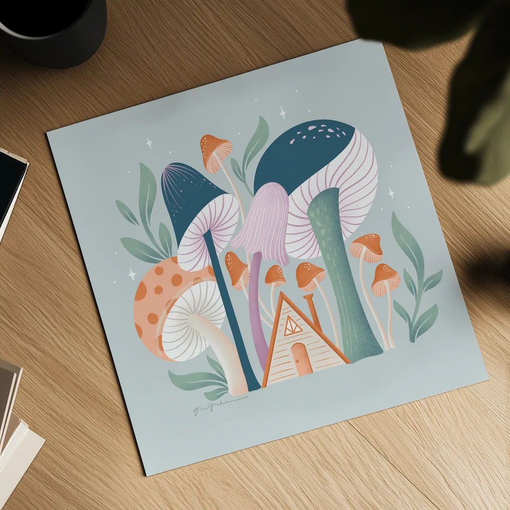 Fantastic Fungi VI by Gia Graham. Shown as a detailed flat fine art print, highlighting archival giclee quality. Available as an archival giclee rolled canvas, fine art paper, or poster print. SKU 83686a.