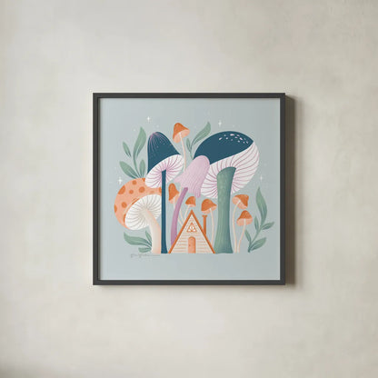 Fantastic Fungi VI by Gia Graham. Shown in a sleek black glass frame for a contemporary gallery look. Available as an archival giclee rolled canvas, fine art paper, or poster print. SKU 83686a.